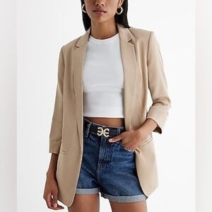 Express Open Front Cuffed Sleeve Boyfriend Blazer in Tan, size L.